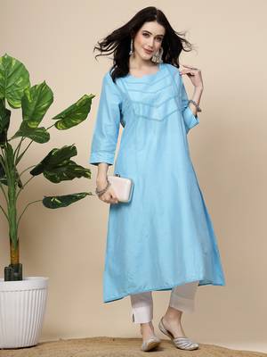 Women turquoise blue color embroidery a-line kurta 1