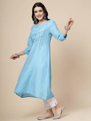 Women turquoise blue color embroidery a-line kurta 2