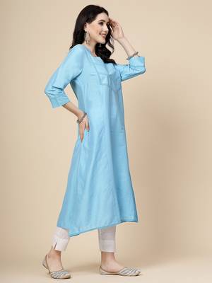 Women turquoise blue color embroidery a-line kurta 3