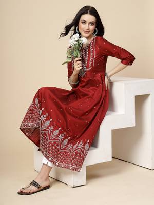 Women maroon  color embroidery a-line kurta 1