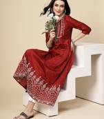 Women maroon  color embroidery a-line kurta