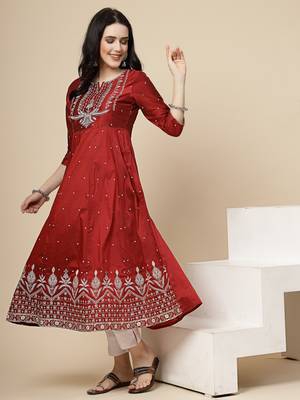 Women maroon  color embroidery a-line kurta 2