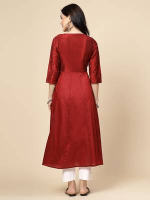 Women maroon  color embroidery a-line kurta 3