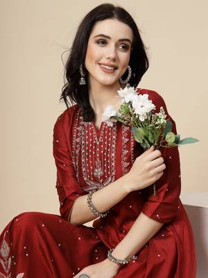 Women maroon  color embroidery a-line kurta 4