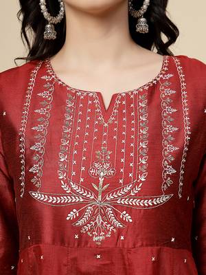 Women maroon  color embroidery a-line kurta 5