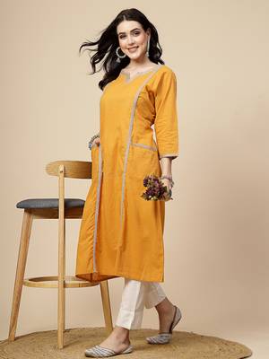 Women mustard  color embroidery a- line kurta 1