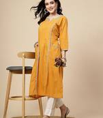 Women mustard  color embroidery a- line kurta