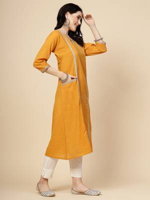 Women mustard  color embroidery a- line kurta 2