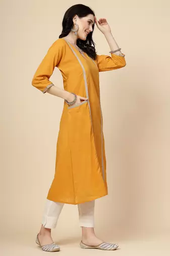Women mustard  color embroidery a- line kurta