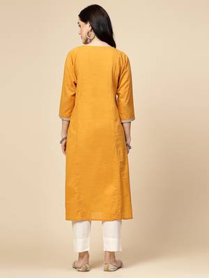 Women mustard  color embroidery a- line kurta 3