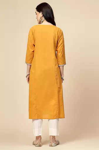 Women mustard  color embroidery a- line kurta
