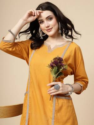 Women mustard  color embroidery a- line kurta 4