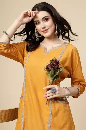 Women mustard  color embroidery a- line kurta