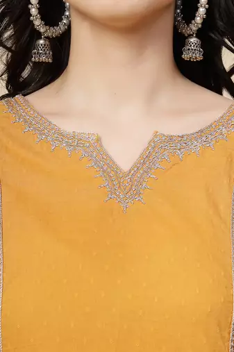 Women mustard  color embroidery a- line kurta
