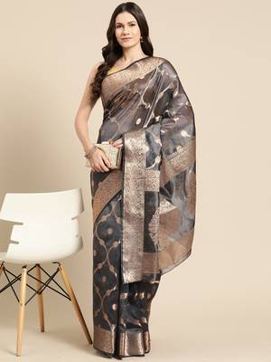 Silk Land Black Floral Organza Silk Blend Saree With Unstitched Blouse Piece 1