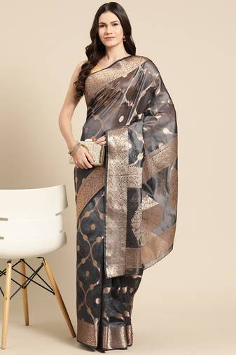 Silk Land Black Floral Organza Silk Blend Saree With Unstitched Blouse Piece