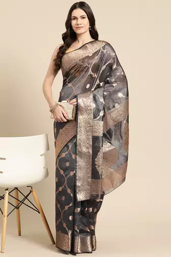 Silk Land Black Floral Organza Silk Blend Saree With Unstitched Blouse Piece
