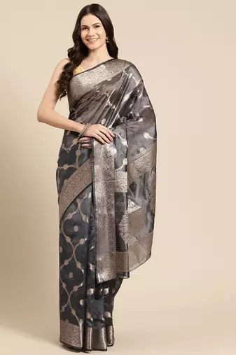 Silk Land Black Floral Organza Silk Blend Saree With Unstitched Blouse Piece