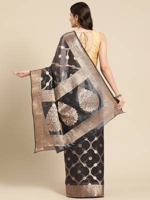 Silk Land Black Floral Organza Silk Blend Saree With Unstitched Blouse Piece 3