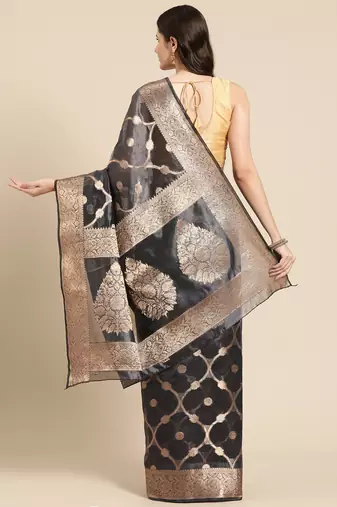 Silk Land Black Floral Organza Silk Blend Saree With Unstitched Blouse Piece