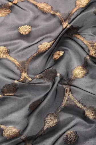 Silk Land Black Floral Organza Silk Blend Saree With Unstitched Blouse Piece