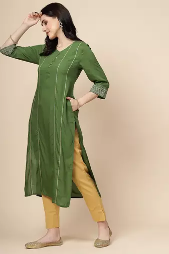 Women green  color embroidery staright kurta