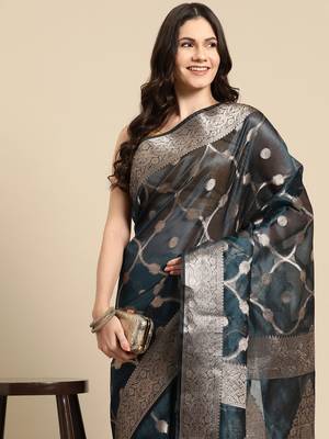 Silk Land Teal Floral Organza Silk Blend Saree With Unstitched Blouse Piece 1