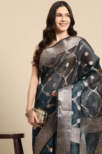 Silk Land Teal Floral Organza Silk Blend Saree With Unstitched Blouse Piece