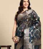 Silk Land Teal Floral Organza Silk Blend Saree With Unstitched Blouse Piece