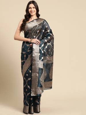 Silk Land Teal Floral Organza Silk Blend Saree With Unstitched Blouse Piece 2