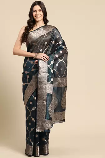 Silk Land Teal Floral Organza Silk Blend Saree With Unstitched Blouse Piece