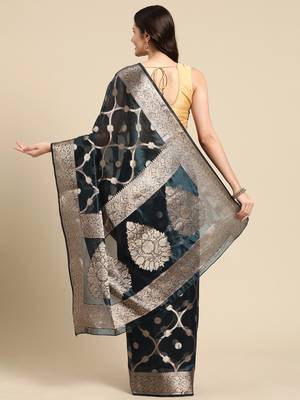 Silk Land Teal Floral Organza Silk Blend Saree With Unstitched Blouse Piece 3