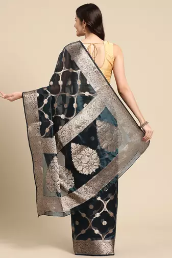 Silk Land Teal Floral Organza Silk Blend Saree With Unstitched Blouse Piece