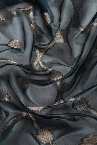 Silk Land Teal Floral Organza Silk Blend Saree With Unstitched Blouse Piece