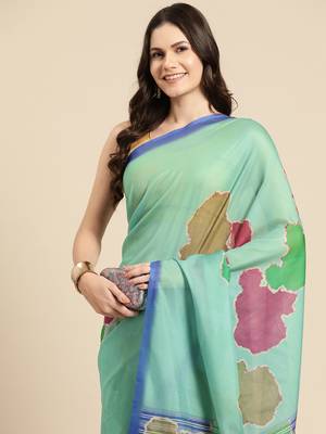 Silk Land Sea Green Abstract Soft Silk Blend Saree With Unstitched Blouse Piece 1