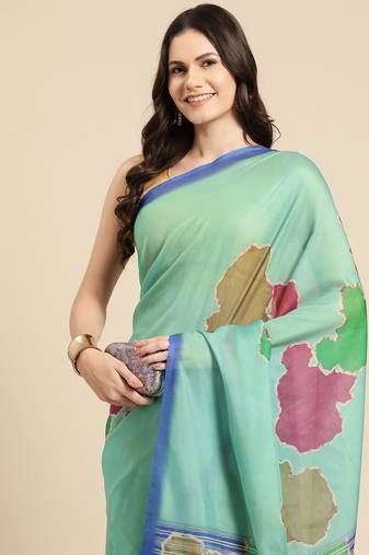 Silk Land Sea Green Abstract Soft Silk Blend Saree With Unstitched Blouse Piece