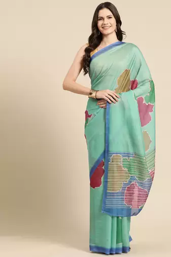 Silk Land Sea Green Abstract Soft Silk Blend Saree With Unstitched Blouse Piece