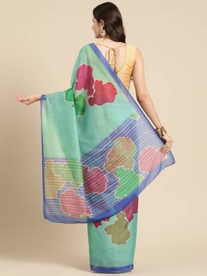 Silk Land Sea Green Abstract Soft Silk Blend Saree With Unstitched Blouse Piece 3