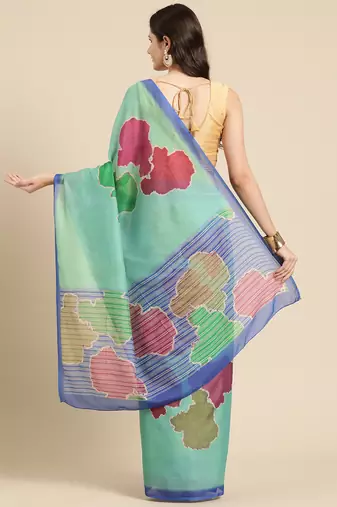 Silk Land Sea Green Abstract Soft Silk Blend Saree With Unstitched Blouse Piece