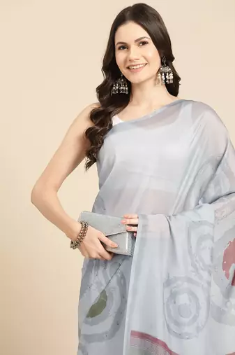Silk Land Grey Abstract Soft Silk Blend Saree With Unstitched Blouse Piece