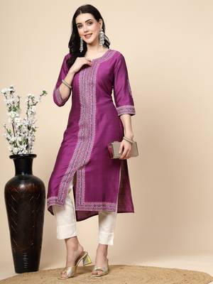 Women purple color embroidery a-line kurta 1