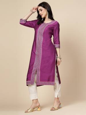 Women purple color embroidery a-line kurta 2