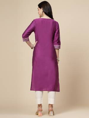 Women purple color embroidery a-line kurta 3