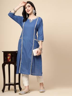 Women blue color embroidery a-line kurta 1