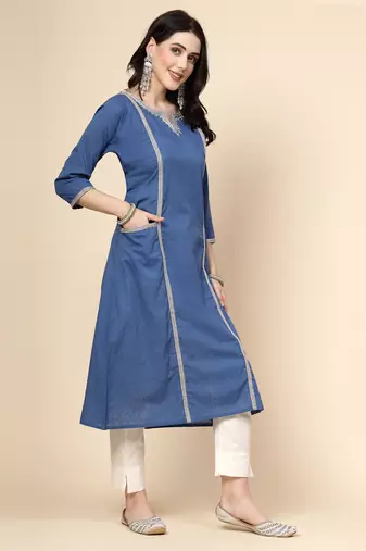 Women blue color embroidery a-line kurta