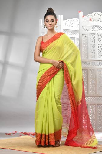 Olive cotton blend solid body red pallu handloom saree