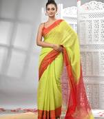 Olive cotton blend solid body red pallu handloom saree