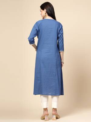 Women blue color embroidery a-line kurta 3