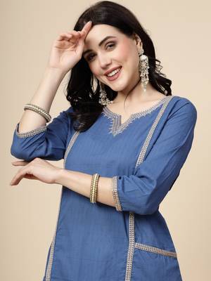 Women blue color embroidery a-line kurta 4