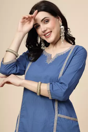 Women blue color embroidery a-line kurta